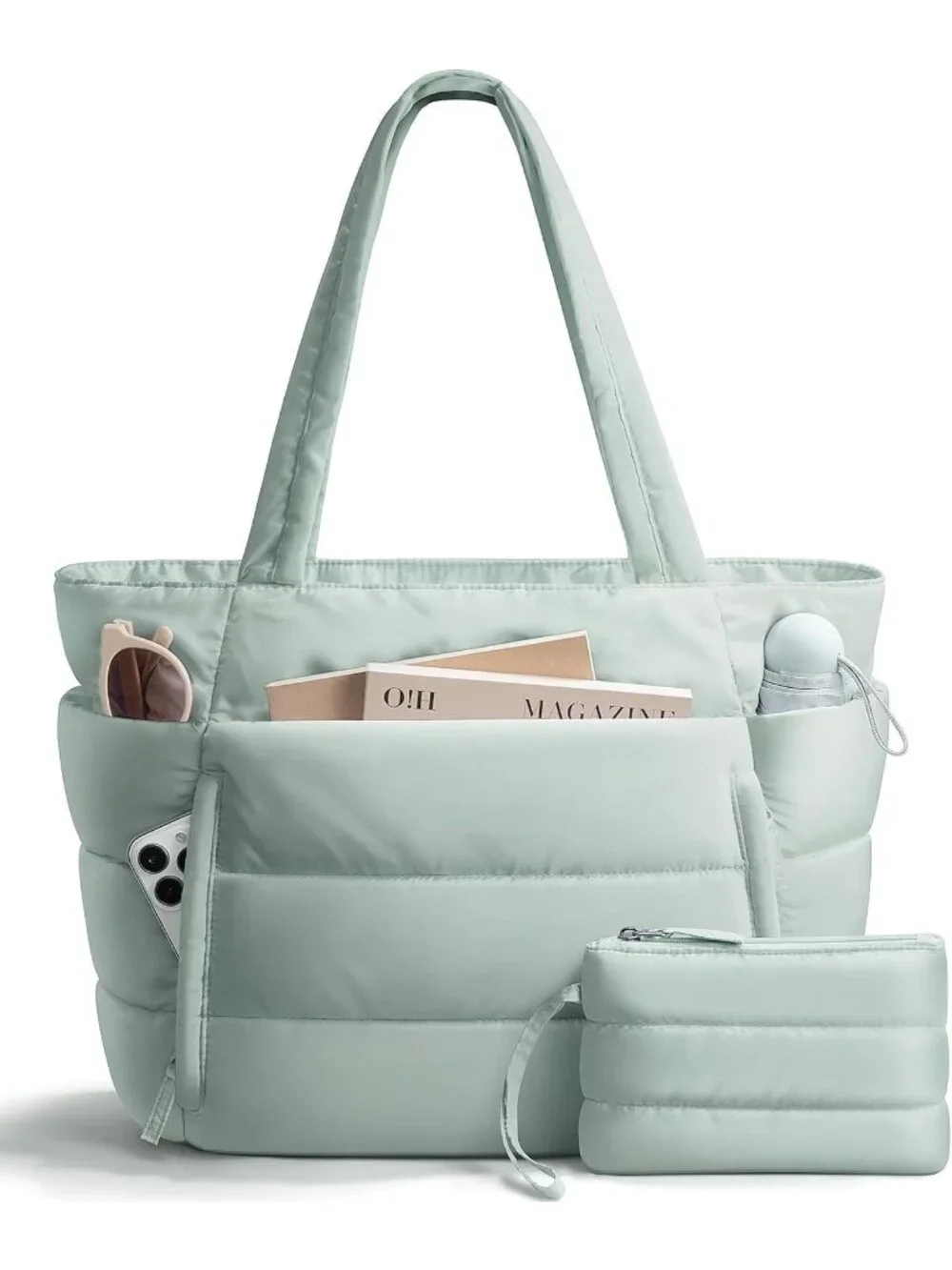 👜Women's Mint Green Puffer Tote Bag 16 Pockets Work Gym Travel Laptop Handbag
